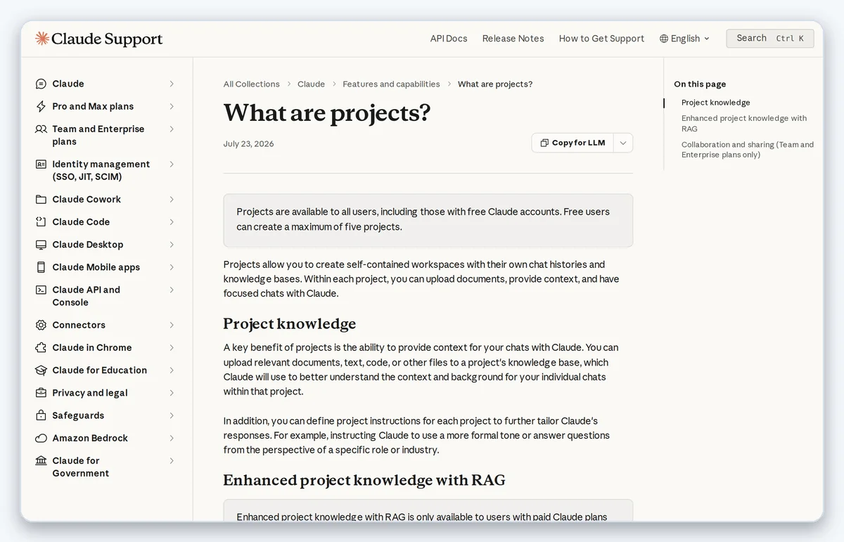 Скриншот: Страница документации Anthropic про Projects — как устроена структура файлов внутри (снято 27.08.2026)