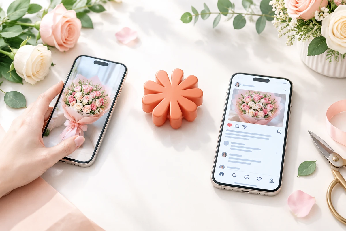 Схема работы флориста с Claude: фото букета, промпт, готовый текст за минуту