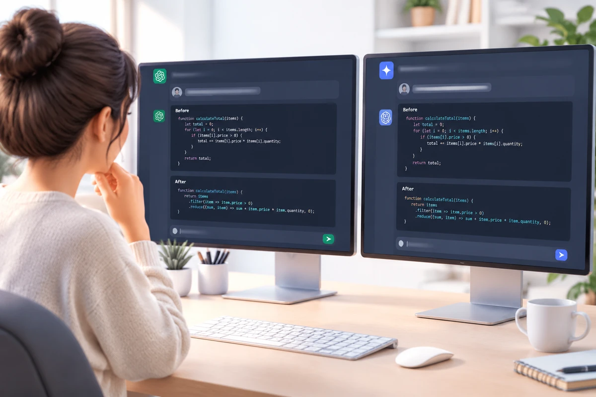 Сравнение экранов Claude Code и ChatGPT с одинаковым запросом на рефакторинг функции