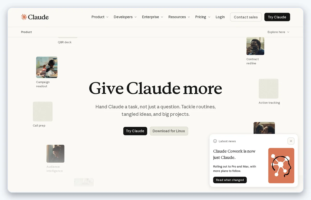 Скриншот: Официальная страница Claude — инструмент для подготовки и редактирования текстов (снято 21.10.2026)