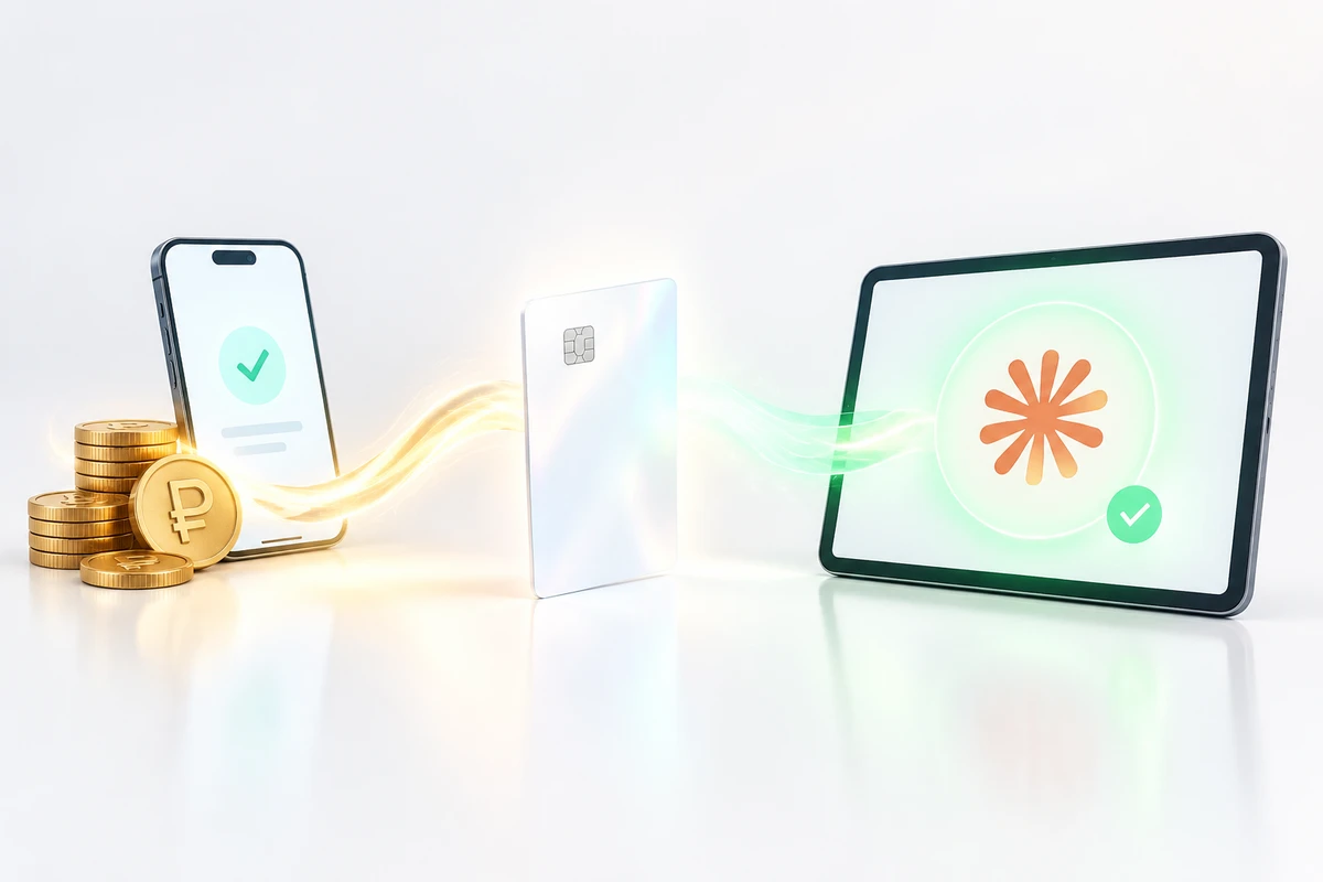Схема: российский пользователь, виртуальная карта MiroCard и страница оплаты Claude Pro