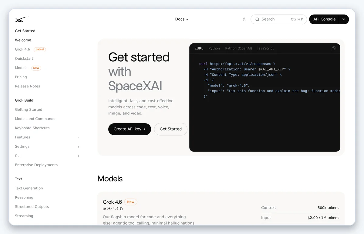 Скриншот: Документация xAI API с примерами запросов (снято 28.08.2026)