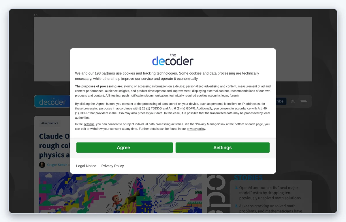 Скриншот: Материал The Decoder о том, как Claude Opus 5 доводит промпт до 3D-прототипа с физикой и музыкой (снято 03.08.2026)