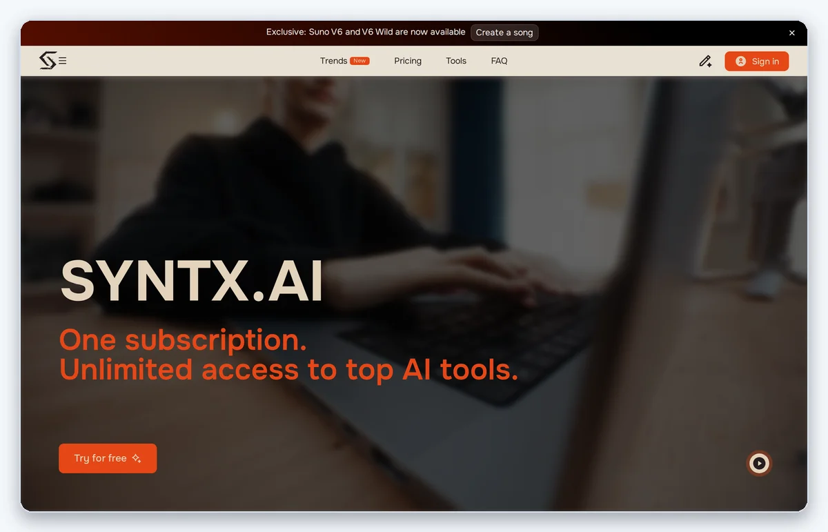 Скриншот: главная страница агрегатора Syntx с доступом к генеративным моделям (снято 30.09.2026)