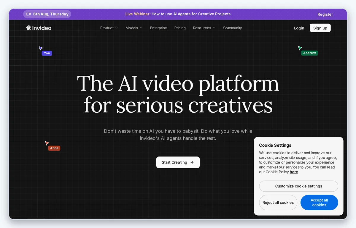 Скриншот: Главная страница InVideo AI — конструктор сценариев и монтажа для роликов (снято 05.08.2026)