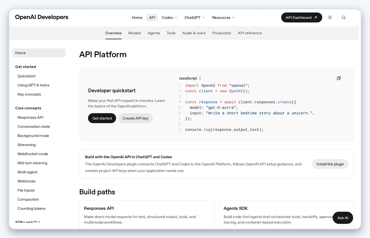 Скриншот: Документация OpenAI: разделы для работы с текстовыми запросами (снято 16.09.2026)