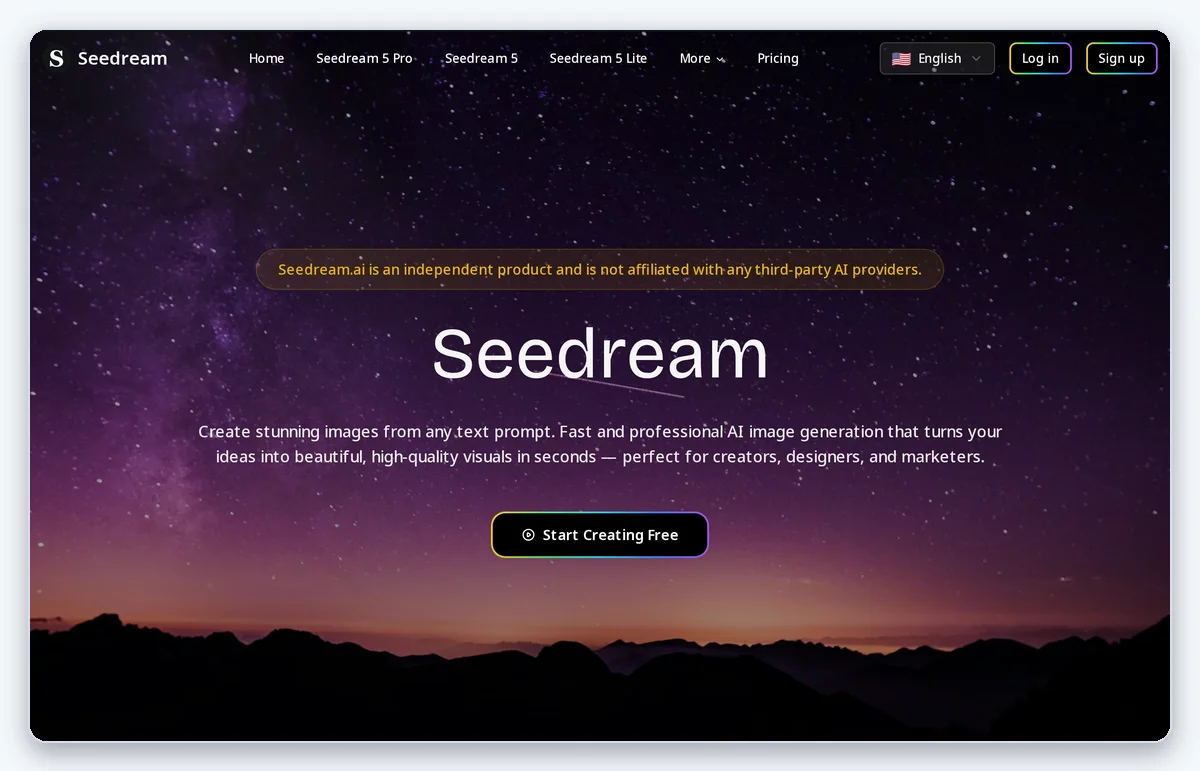 Скриншот: Главная страница Seedream — генератор доступен без регистрации для первых пяти картинок (снято 17.08.2026)