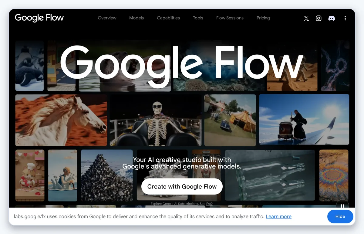 Скриншот: Инструмент Flow — студия Google для генерации видео на модели Veo (снято 02.08.2026)